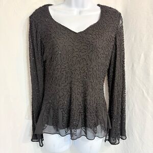 Vintage JDM NY Black Beaded Sheer Peplum Top 80s/90s Evening Formal Blouse
